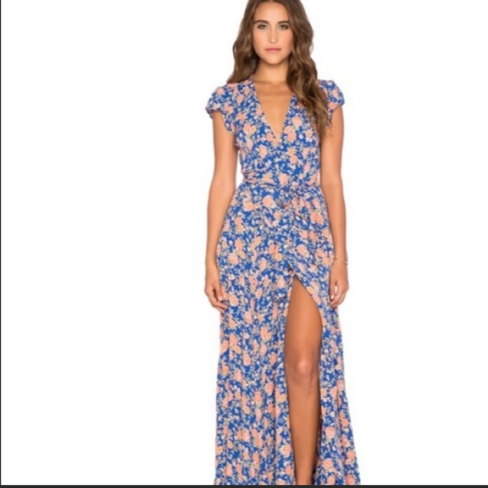Tularosa wrap maxi dress- blue with orange flower print
